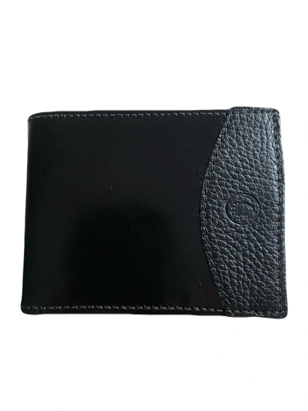 Men's Black Shiny Textured Genuine Leather Trim Bi-Fold Billfold Wallet USA Made